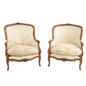 Pair of french louis xv style wooden yellow striped upholstered