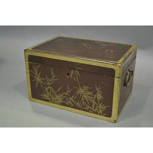 Antique Japanese brown lacquer tea caddy, with bronze carry…