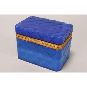 French blue opaline glass jewellery casket, with molded lattice…