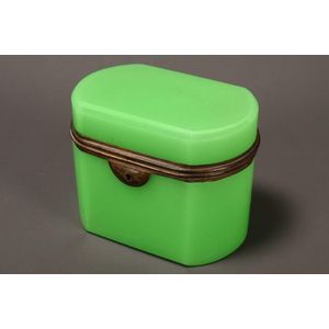 French green opaline glass jewellery casket, of rounded…