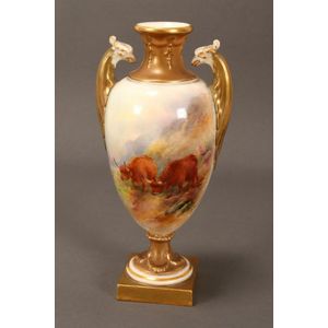 Royal Worcester twin handled porcelain vase, of ovoid form, set…