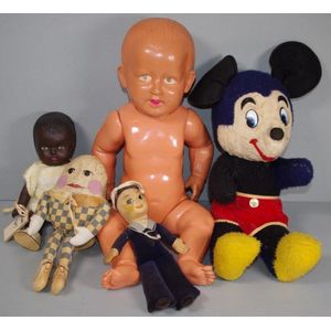 Five vintage dolls, comprising a large celluloid boy doll, 40…
