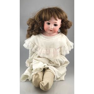 Heubach Shoulder Plate Doll, brown stationary eyes, brown nylon…