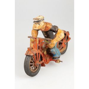 Hubley, USA Cast Iron Popeye Patrol Motorcycle, original paint…