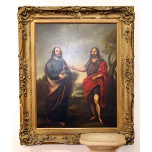 A 19th century religious oil on canvas painting of Jesus and St.…