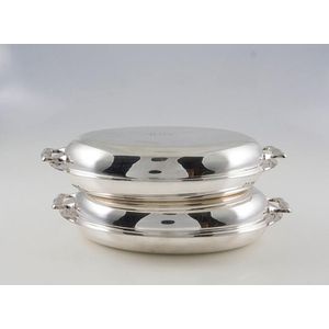 Pair sterling silver oval entree dishes of plain oval double…