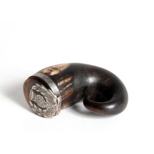 A Scottish horn snuff mull with folkart silver finish top, 8.5…