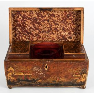 Georgian Chinoiserie tea caddy with ruby glass bowl. Height 17.…
