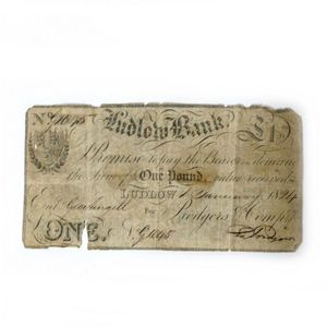 An English Ludlow Bank one pound note, issued 1st January 1824,…
