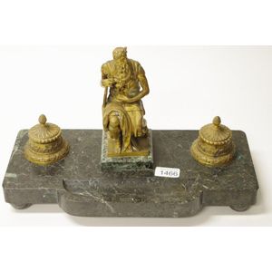 Antique ornamental brass & marble desk stand, grey marble desk…