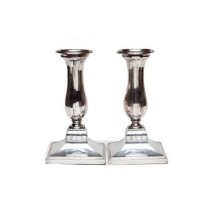 An Antique Sheffield plate pair of candlesticks on square base,…