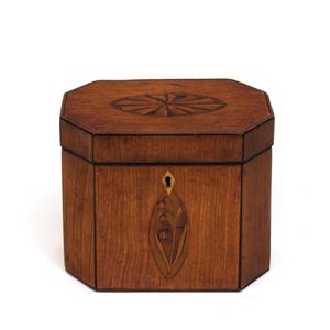 A late Georgian inlaid beech tea caddy, the lid inlaid with an…