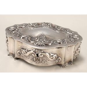 Portuguese silver jewellery box, marked, with hinged cover,…