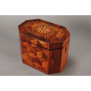 Lovely late Georgian inlaid tea caddy, of compressed hexagonal…