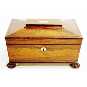 Late Georgian casuarina tea caddy boxwood strung, canted lid,…