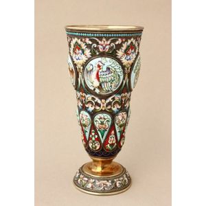 Fine and rare Russian silver and enamel pedestal beaker, of…