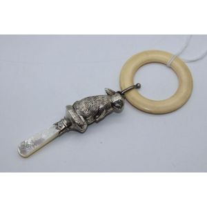 English sterling silver baby's rattle, silver rabbit with…