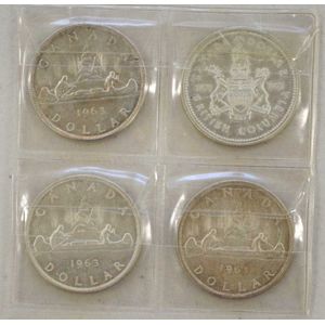 Four Canadian silver $1 coins 4@ 1963 and 1@ 1971