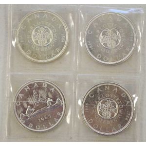 Four Canadian silver $1 coins 3@ 1964 and 1@ 1965