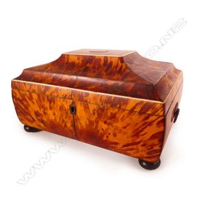 A Regency tortoiseshell sarcophagus sewing box, fine ivory…