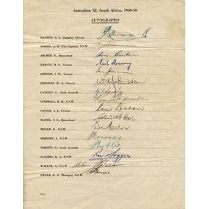 1949-50 Australian Team to South Africa, official team sheet…