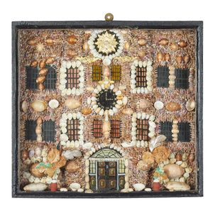 A Victorian cased shellwork house Facade, centred with a clock,…
