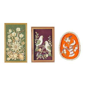 Three shellwork pictures, one depicting a pair of parrots in…