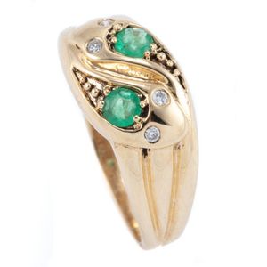 An emerald and diamond serpent ring, 9ct gold entwined snakes…