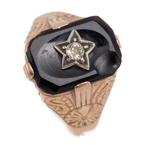 A vintage 18ct gold diamond and onyx ring, emerald shape onyx…