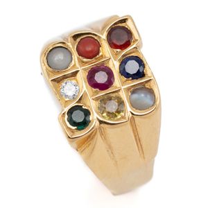 A 22ct gold handmade gemset ring, chequerboard top, 11 x 11 mm…