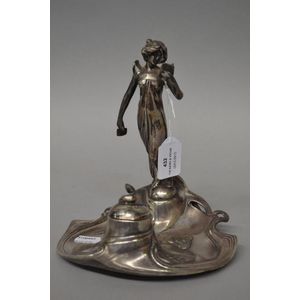 Antique silver plate WMF figural 'maiden' inkwell/desk set.…
