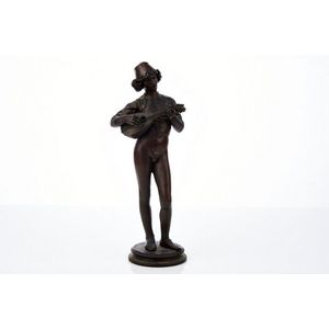 Antique-Small Silver Metal Statuette Of Girl With Hoop cheapest On Ebony Stand-circa 1915