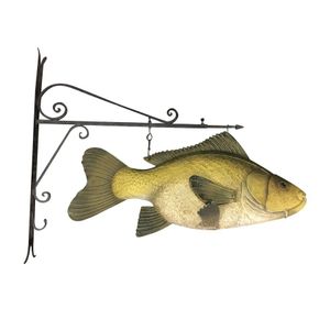 A painted metal fish with hanging support 75 cm high, 90 cm wide
