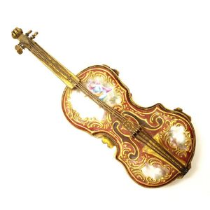 Antique French porcelain violin form trinket box with brass…