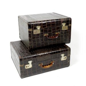 Two vintage leather faux alligator hide suitcases, the…