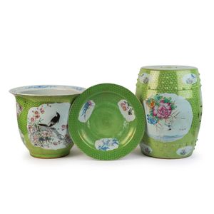 A Chinese green porcelain garden seat, jardiniere and charger,&hellip;