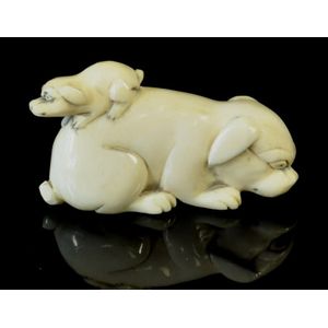 Signed Ivory Netsuke: Dog And Puppy - Netsuke - Oriental