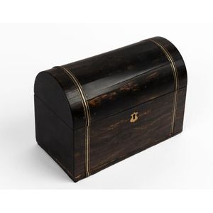 An antique English coromandel tea caddy with domed top and twin…