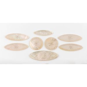Eight antique Chinese carved mother of pearl gaming tokens,…
