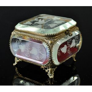 Early etched crystal & brass jewellery casket. Velvet lined.…