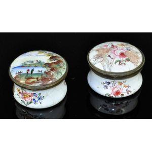 Two Georgian Battersea enamel patch boxes. Hand painted floral;…
