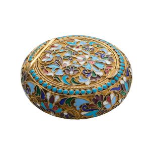 A Russian silver-gilt 84 cloisonne enamel patch box, Michael…