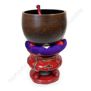Japanese Bronze Singing Bowl on Red Lacquered Stand - Bronze - Oriental