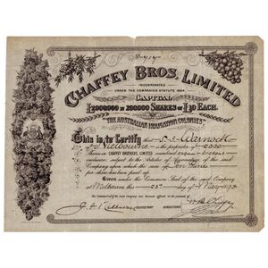 c1890-1979 share certificates, mostly Australian, noted Chaffey…