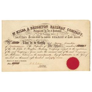 'St Kilda & Brighton Railway Company', 8 share certificates,…