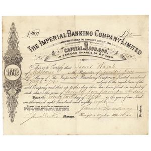 c1878-80s share certificates, noted Suburban Bus & Tram Company…