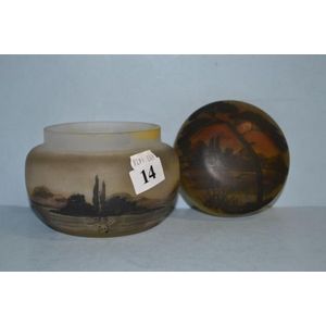 French glass covered box with hand painted scene