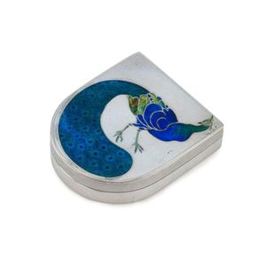 William Mark Australian silver box with enamel peacock motif,…