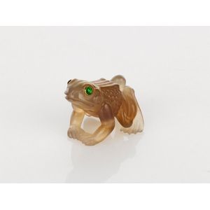 Russian carved hardstone (rose quartz) miniature of a frog well…