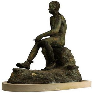 Bronze, after Lysippos figure of mercury seated on a rocky base,…